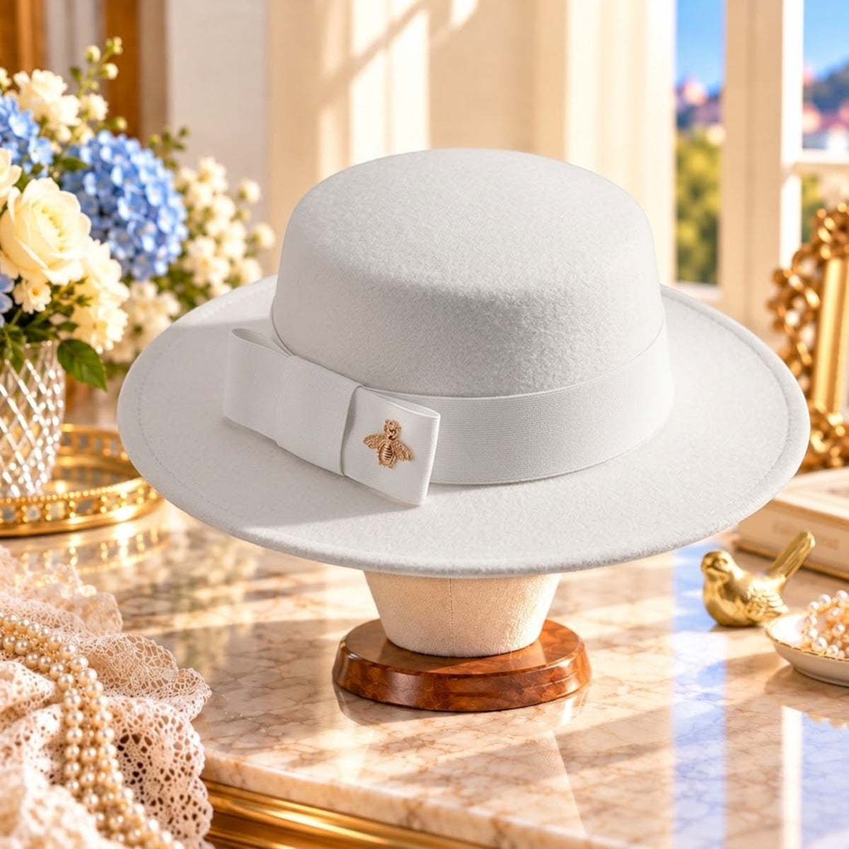 Women's Elegant Fedora Hat with Bow & Bee Ornament, Flat Top Wide Brim Formal Wedding Church Party Fashion Hat