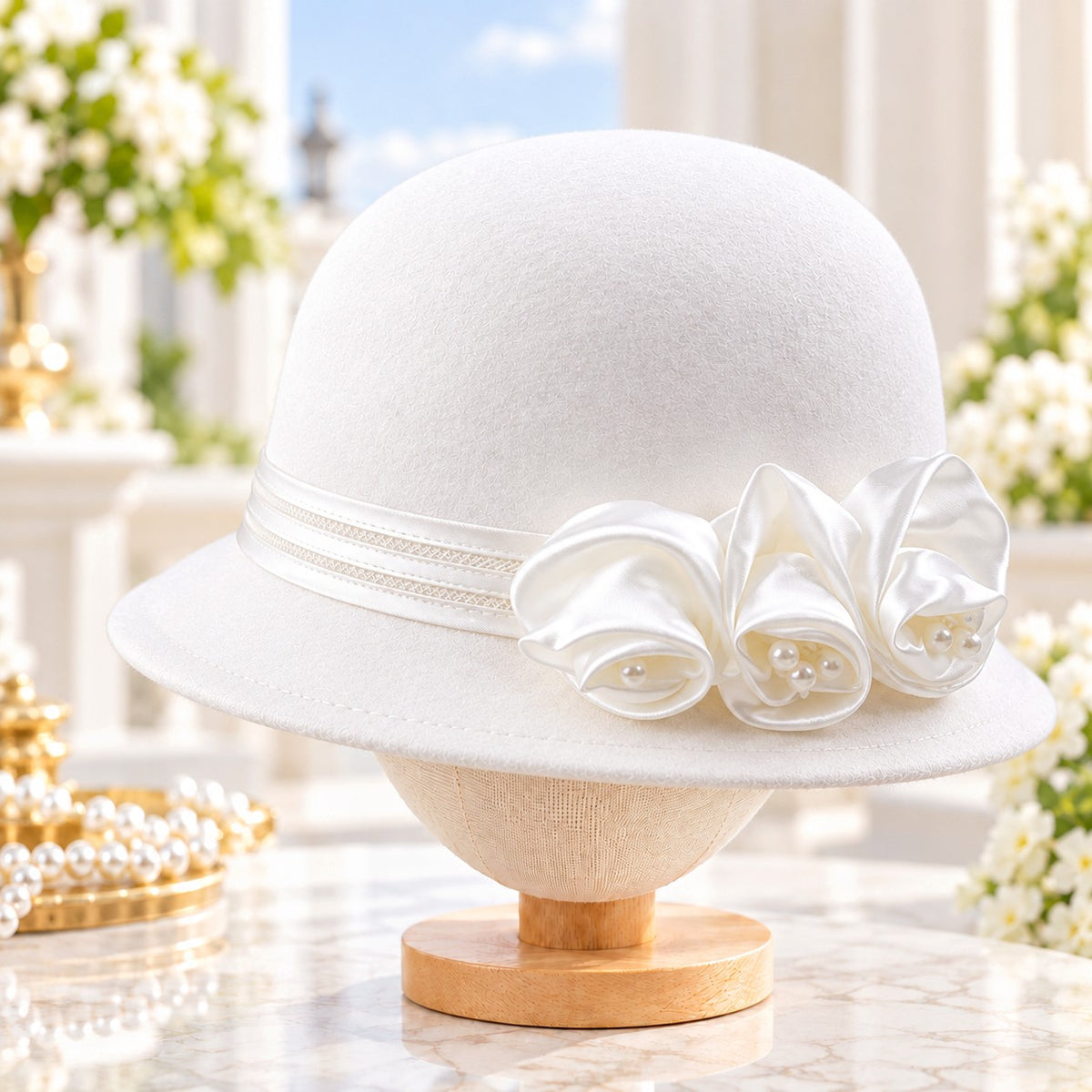 Women's Wool Church Hat with Satin Rose Blossoms & Pearl Details | Elegant Autumn Winter Formal Hat