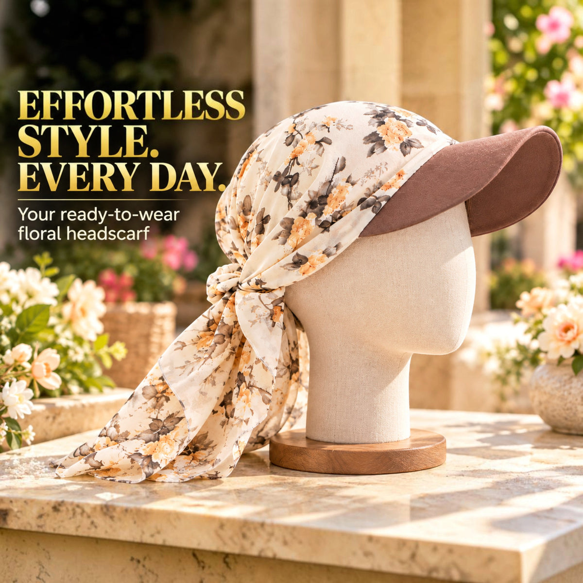 Women's Floral Print Pre-Tied Headscarf Sun Visor Hat, Lightweight Chiffon Baseball Cap with Long Scarf Tails, Chemo Head Cover