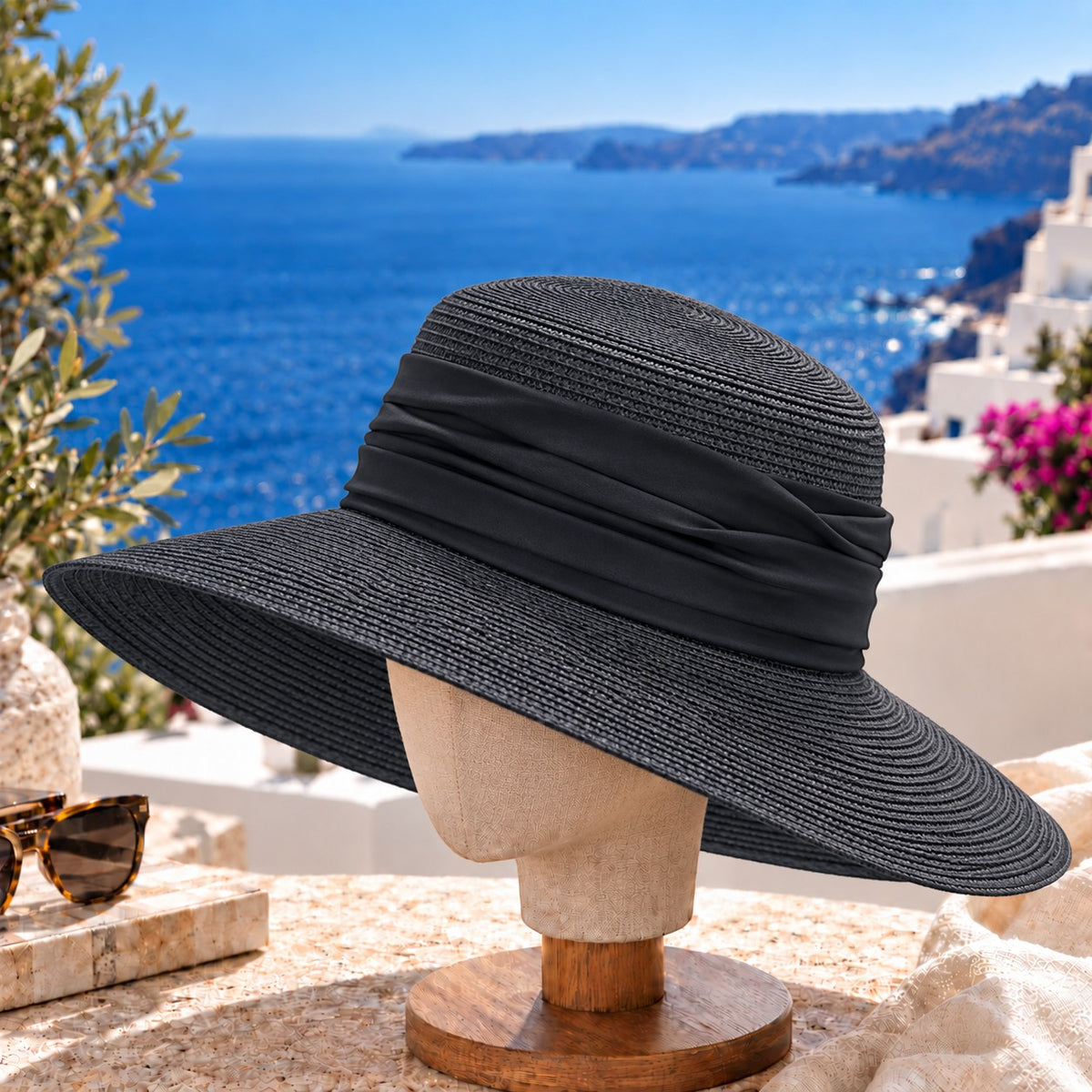 Wide Brim Straw Sun Hat for Women, Woven Resort Beach Hat with Elegant Fabric Band, Vacation Travel Summer Hat