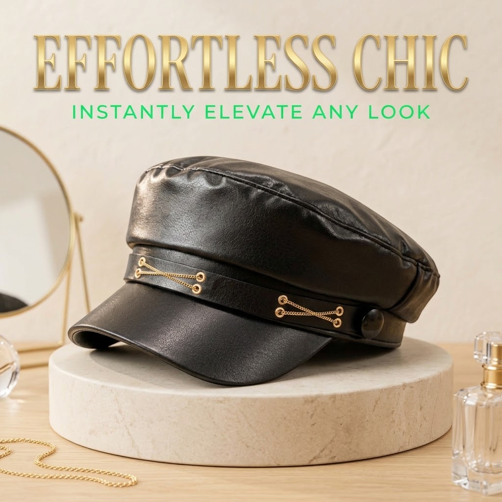 Premium Black Vegan Leather Baker Boy Hat with Gold Chain Detailing | Effortless Parisian Chic Newsboy Cap for Women&nbsp;