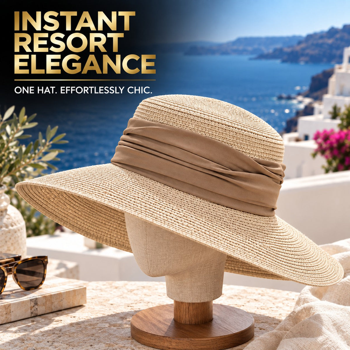 Wide Brim Straw Sun Hat for Women, Woven Resort Beach Hat with Elegant Fabric Band, Vacation Travel Summer Hat