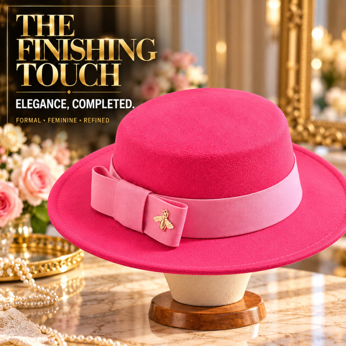 Women's Elegant Fedora Hat with Bow & Bee Ornament, Flat Top Wide Brim Formal Wedding Church Party Fashion Hat