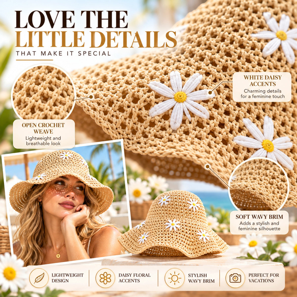Women's Daisy Crochet Bucket Hat, Beige Straw-Style Summer Sun Hat with Floral Details, Cute Beach Vacation Hat