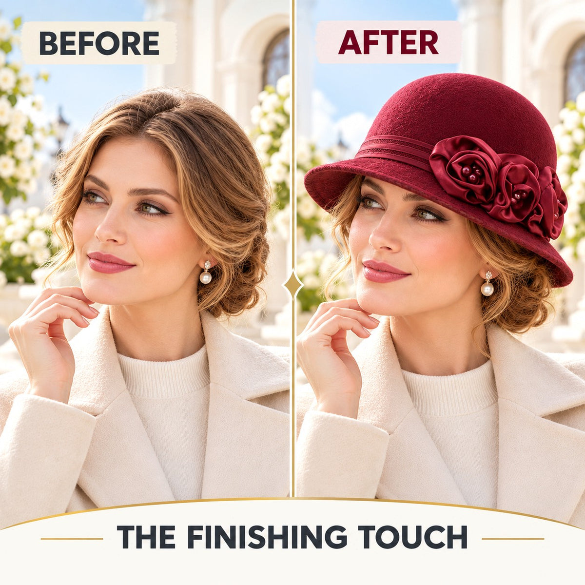 Women's Wool Church Hat with Satin Rose Blossoms & Pearl Details | Elegant Autumn Winter Formal Hat