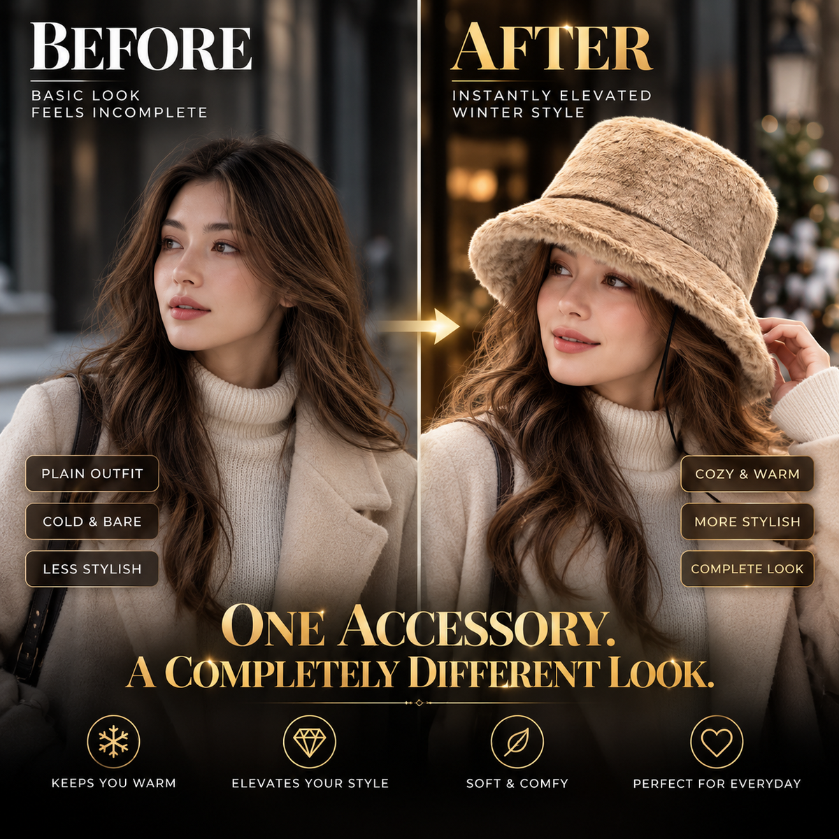 Faux Fur Bucket Hat for Women, Plush Winter Fuzzy Hat with Wide Brim & Adjustable Chin Cord, Cozy Korean-Inspired Cold Weather Hat