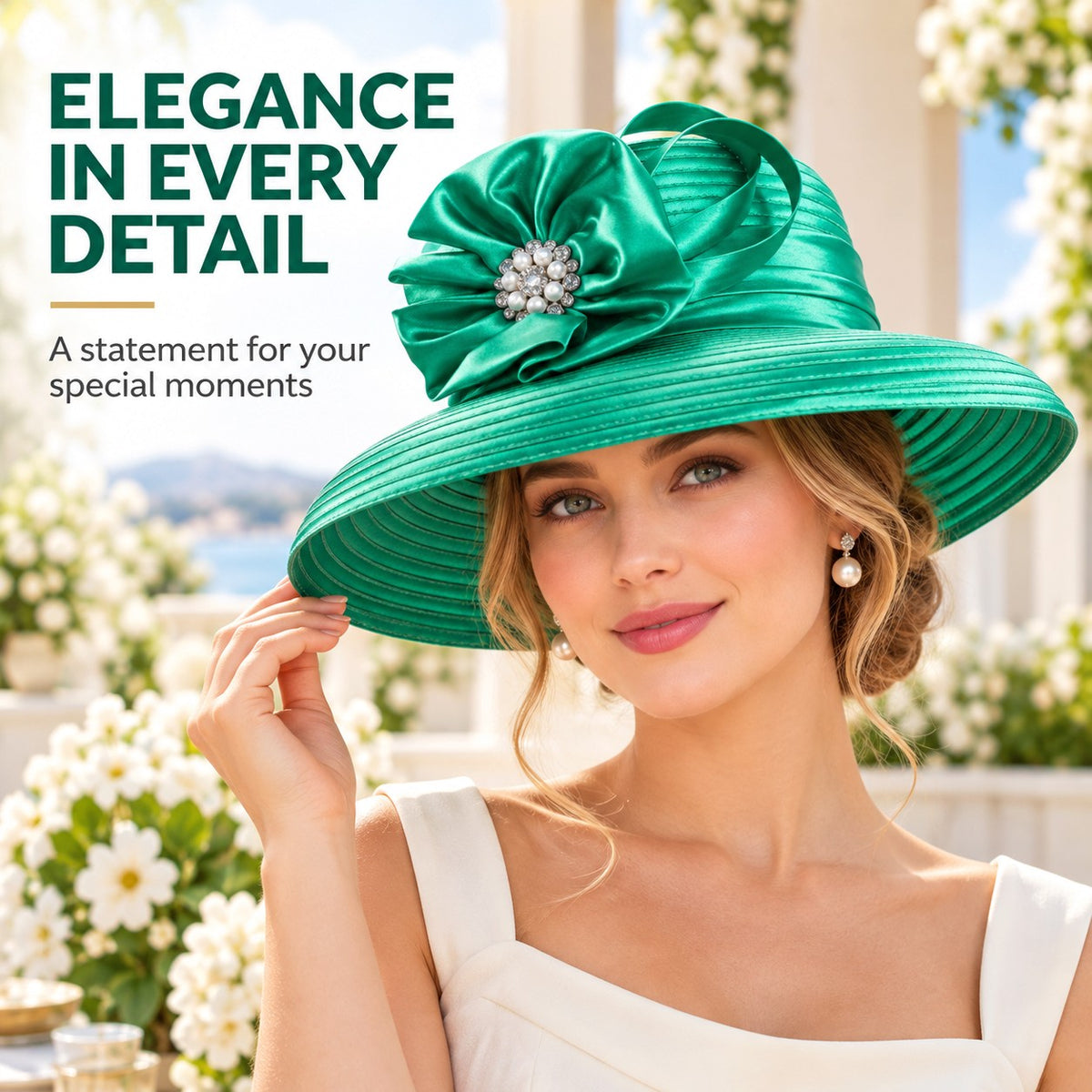 Women's Emerald Green Satin Church Hat with Crystal Ribbon Bow – Elegant Derby, Wedding & Bridal Occasion Hat