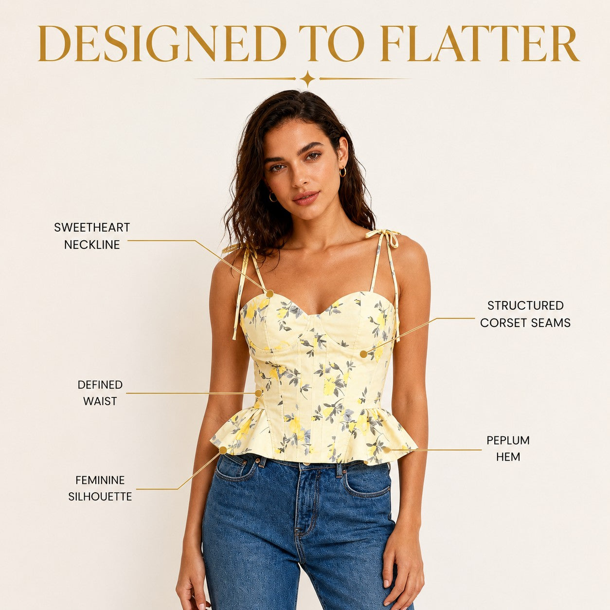 Floral Tie Strap Corset Top | Yellow Peplum Bustier Blouse | Ruffle Hem Crop Cami | Feminine Going Out Shirt