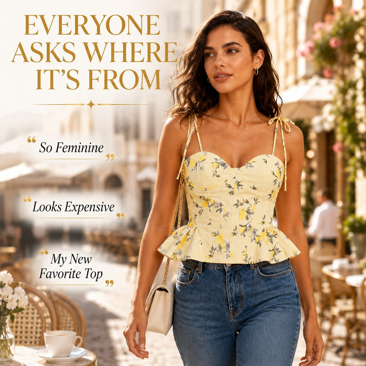 Floral Tie Strap Corset Top | Yellow Peplum Bustier Blouse | Ruffle Hem Crop Cami | Feminine Going Out Shirt