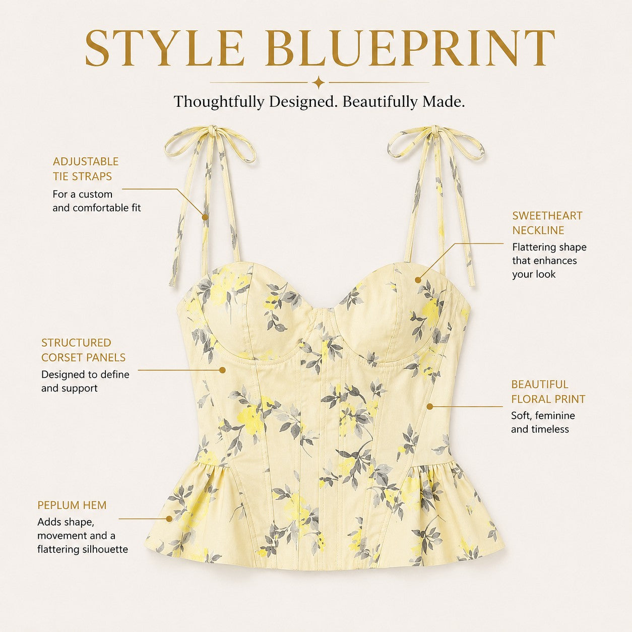 Floral Tie Strap Corset Top | Yellow Peplum Bustier Blouse | Ruffle Hem Crop Cami | Feminine Going Out Shirt