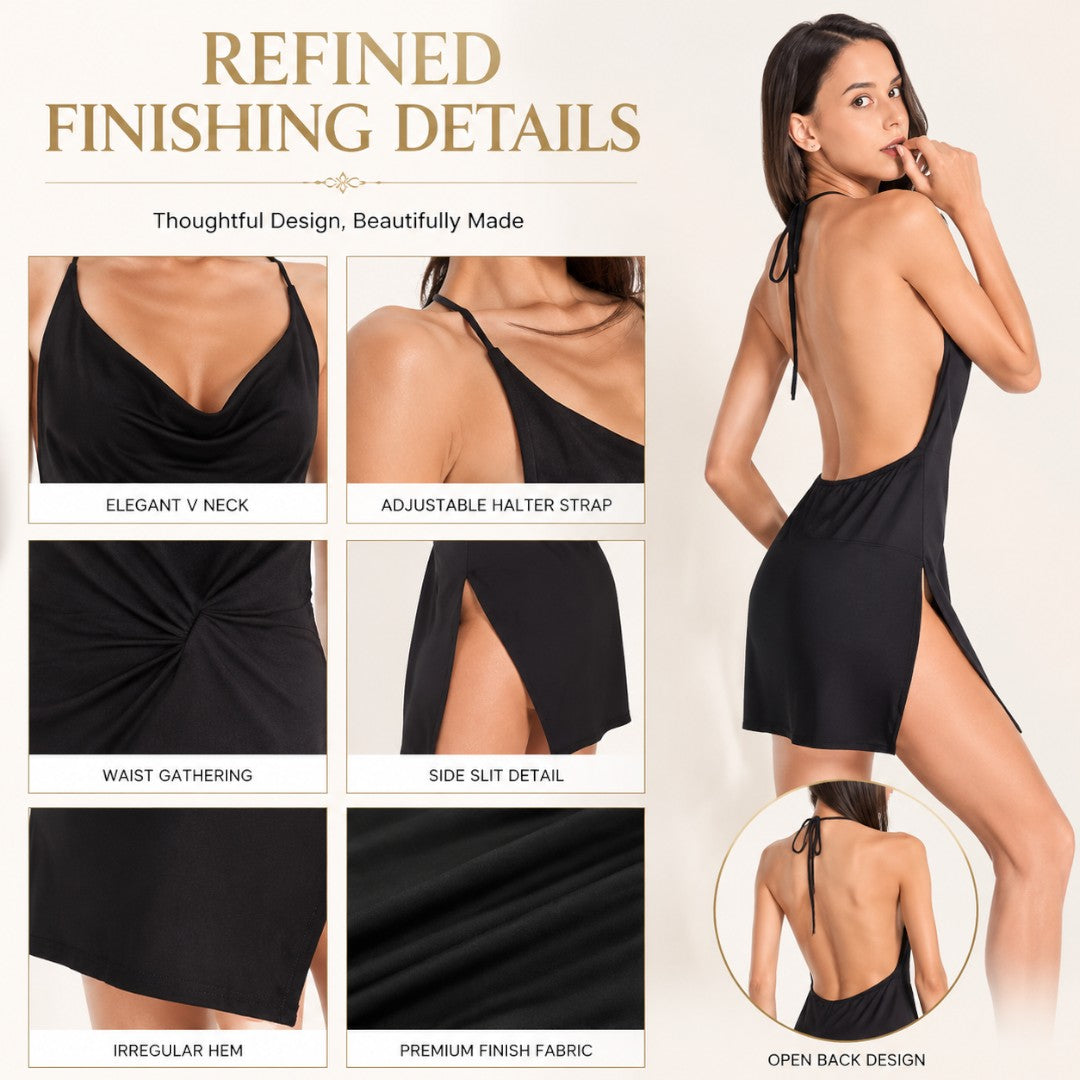 Women’s Halter Nightgown | Plus Size Sleeveless Night Dress | Deep V Sleepwear | Side Slit Black or White Nightie