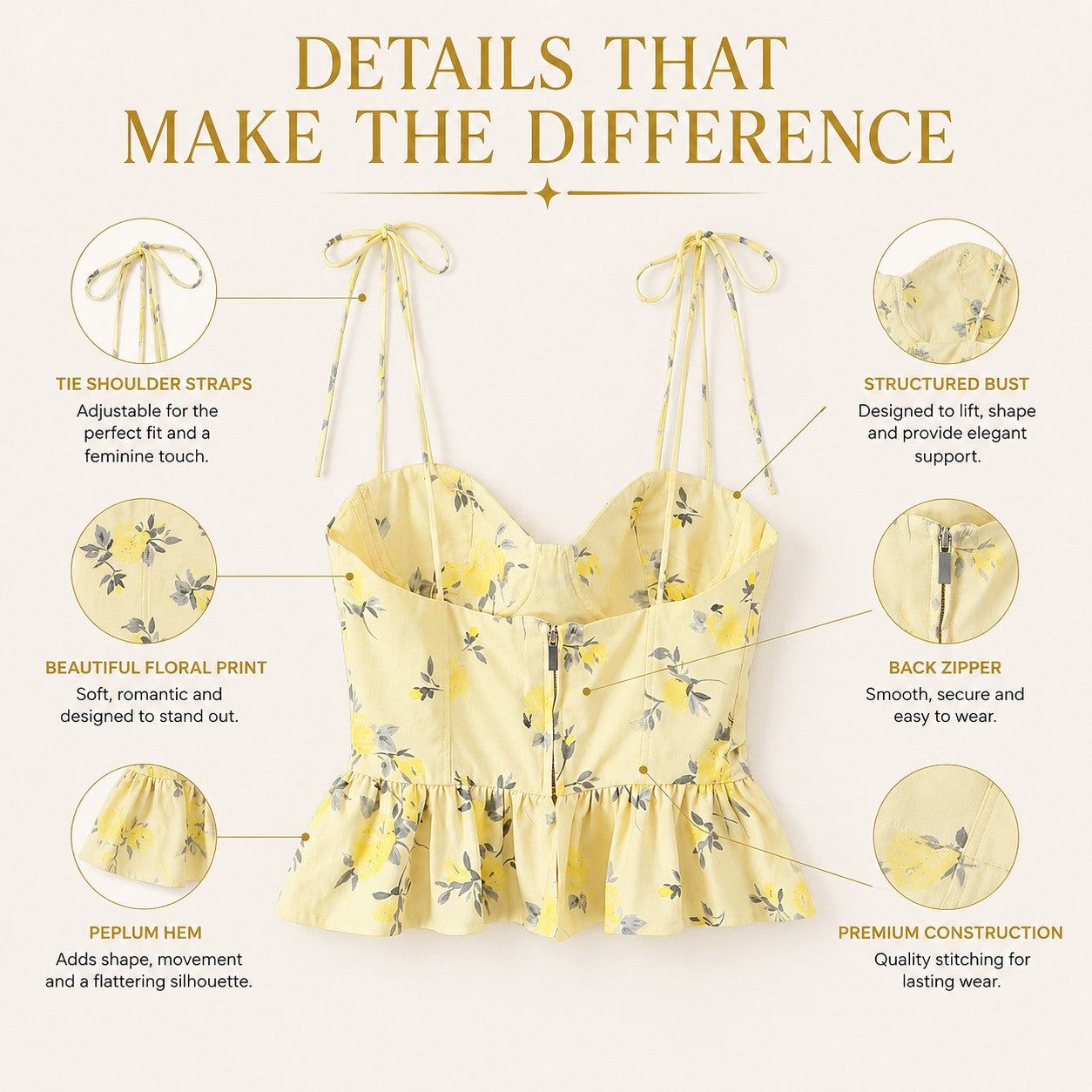 Floral Tie Strap Corset Top | Yellow Peplum Bustier Blouse | Ruffle Hem Crop Cami | Feminine Going Out Shirt